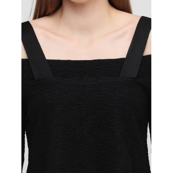 Zara Off-The-Shoulder Top With Straps Black Long Sleeve Travel Crinkled Blouse M - Picture 4 of 9